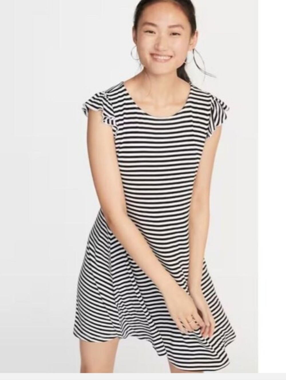 Old Navy Flutter Sleeves Swing Dress Womens Size M Black White Striped